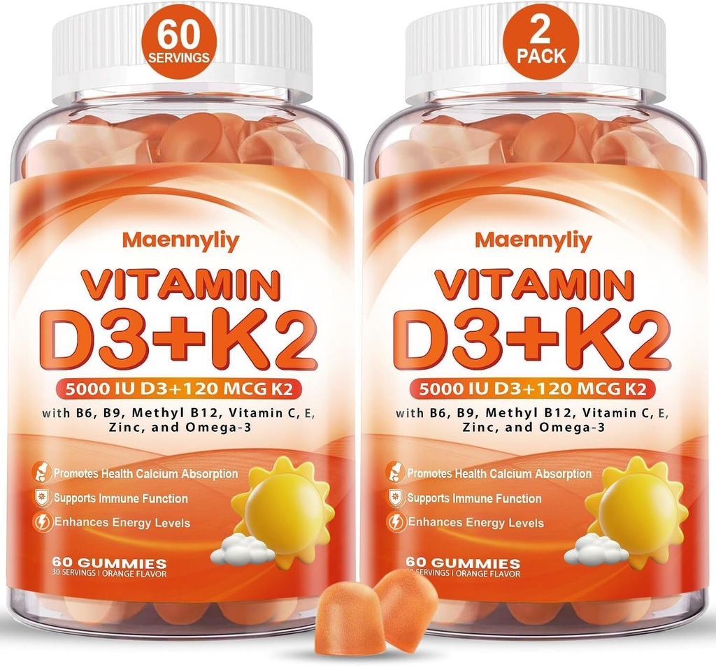 Vitamine D3 K2 Gommies pour adultes - Vitamine D3 5000IU + K2 (MK-7) 120mcg - Suppléments sans sucre D3 et K2 avec Oméga-3, méthyl B12, B9, B6, Vitamines E et zinc - pour l'absorption de calcium et la santé immunitaire