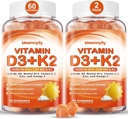 Vitamine D3 K2 Gommies pour adultes - Vitamine D3 5000IU + K2 (MK-7) 120mcg - Suppléments sans sucre D3 et K2 avec Oméga-3, méthyl B12, B9, B6, Vitamines E et zinc - pour l'absorption de calcium et la santé immunitaire