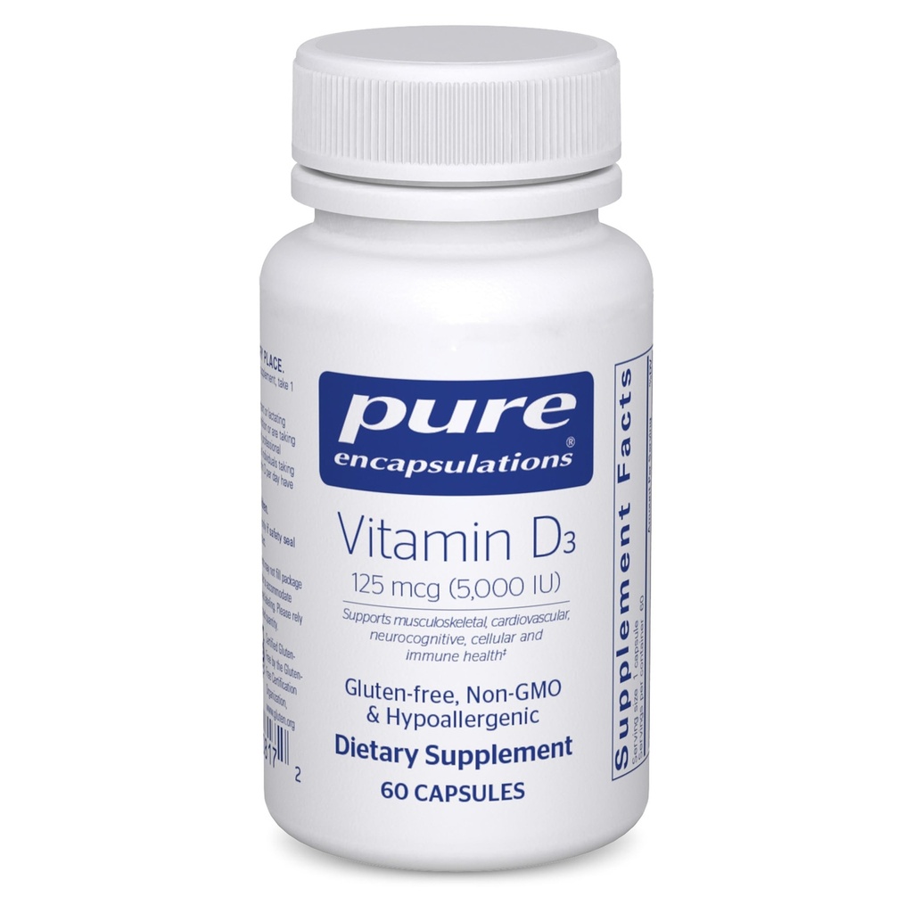 Encapsulations pures Vitamine D3 125 mcg (5 000 UI) - Supplément pour soutenir la santé des os, des articulations, du sein, du cœur, des colonies et des immunes* - avec vitamine D - 60 capsules