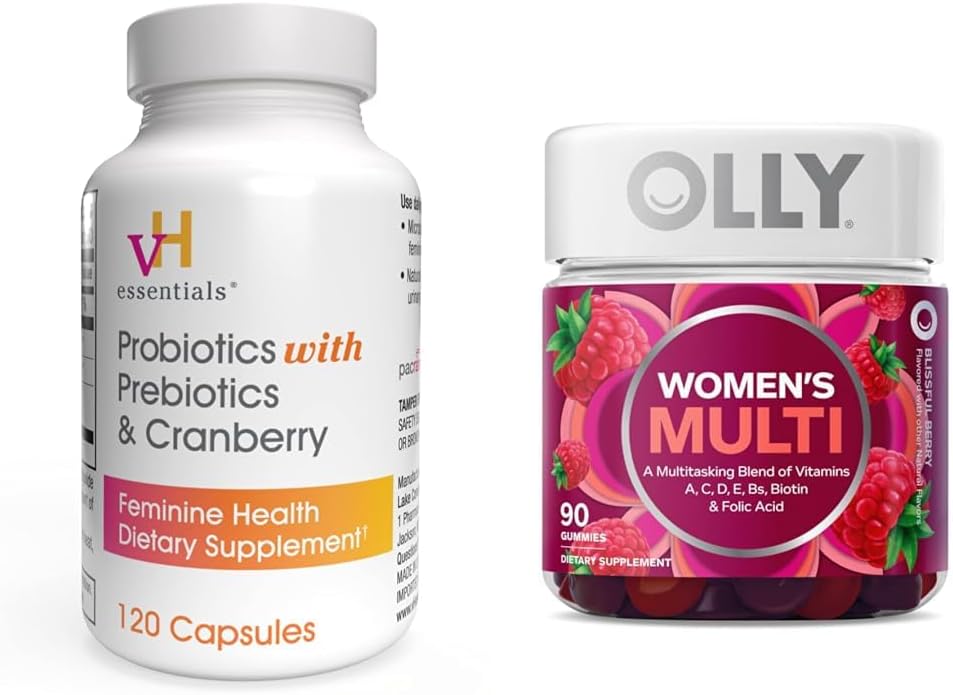 vH essentials Probiotiques avec prébiotiques et supplément de santé féminine canneberge - 120 capsules et OLLY femmes Multivitamine Gummy, Berry, 90 Compte Bundle