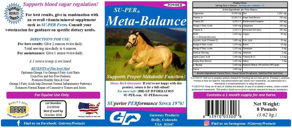 SUPER Meta-Balance Horse Metabolic Support - Réglementation du sucre de sang et supplément de santé digestif - Vitamines et minéraux de chevaux, extraits à base de plantes, probiotiques - 8 livres, 1 mois d'approvisionnement