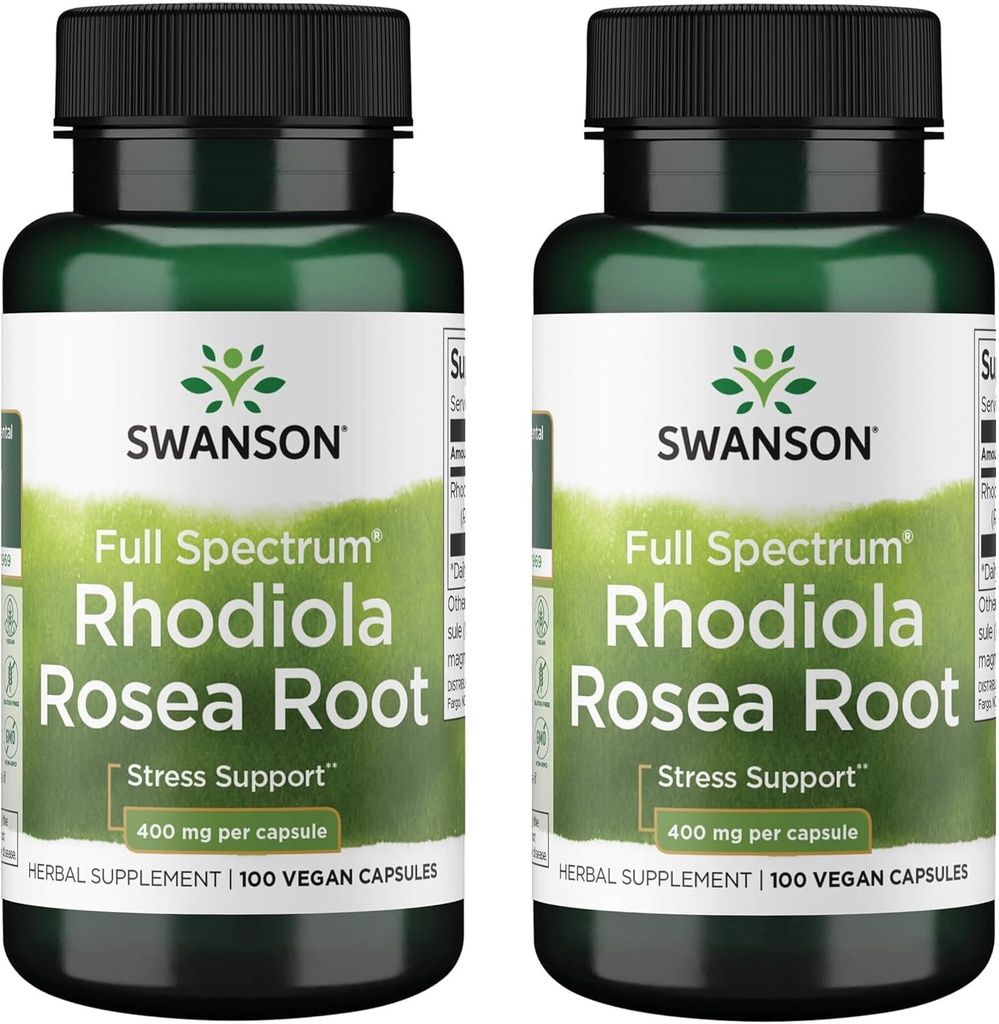 Swanson Rhodiola Rosea Racine - Supplément Adaptogène pour les herbes Promouvoir l'équilibre de l'humeur et le soutien du stress - Formule naturelle pour le soutien énergétique - (100 capsules, 400mg chacune) (2 pack)
