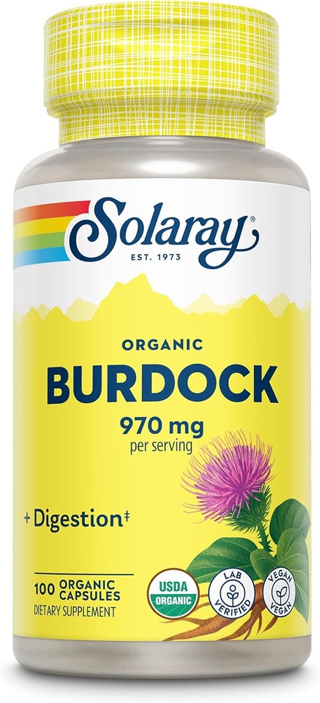 Solaray Organic Burdock Root 970 mg - Supplément de soutien digestif - USDA Burdock Root Organic - Vegan, Lab Vérifié, Garantie de remboursement de 60 jours - 50 portions, 100 capsules biologiques