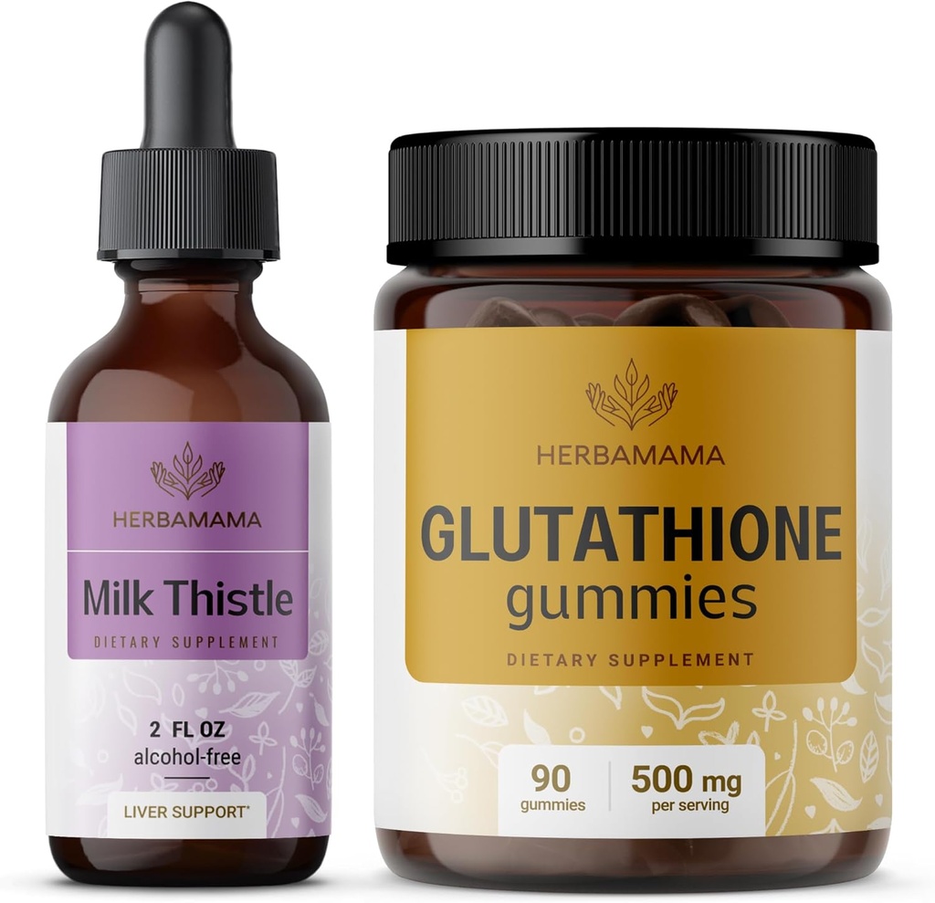 HERBAMAMA Milk Thistle and Glutathione Kit - Bundle of Milk Thistle Extract 2 fl oz & 500 mg Reduced L-Glutathione Gummies - Vegan, Non-GMO, Alcohol-Free - 2 Pack