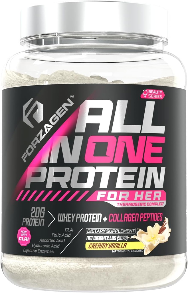 Forzagen All in One Protein for Her | Women’s Protein Powder with Multi Collagen Peptides | Hydrolyzed Collagen Supplement, Gut Health, Great for Pre & Post Workout | Vanilla, 30+ Servings