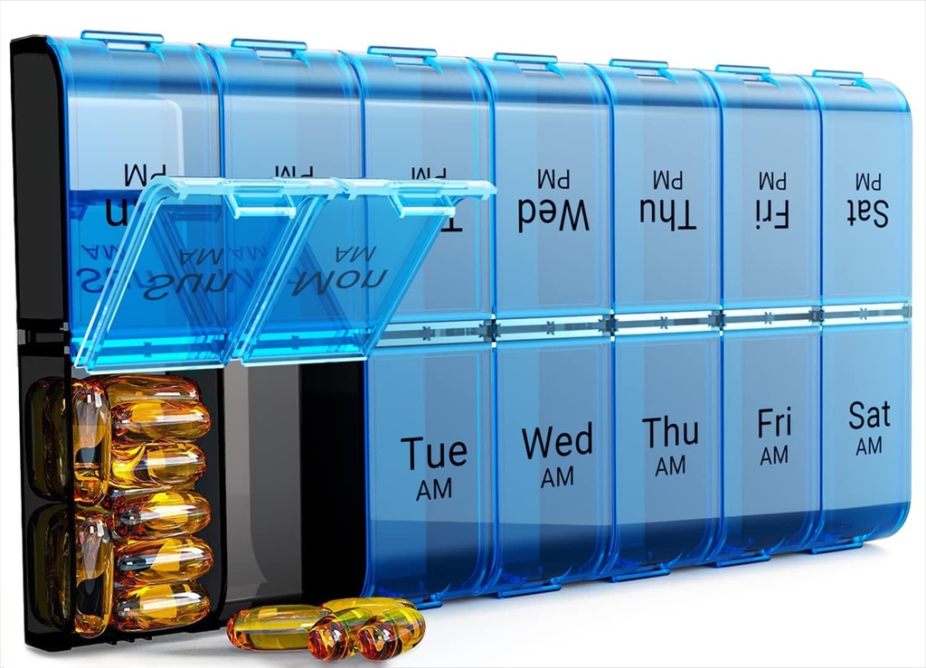 Extra Large Pill Organizer 2 fois par jour, hebdomadaire XL AM PM Pill Case, 7 jours Pill Box Deux fois par jour, surdimensionné organisateur quotidien de médicaments pour les vitamines (bleu)