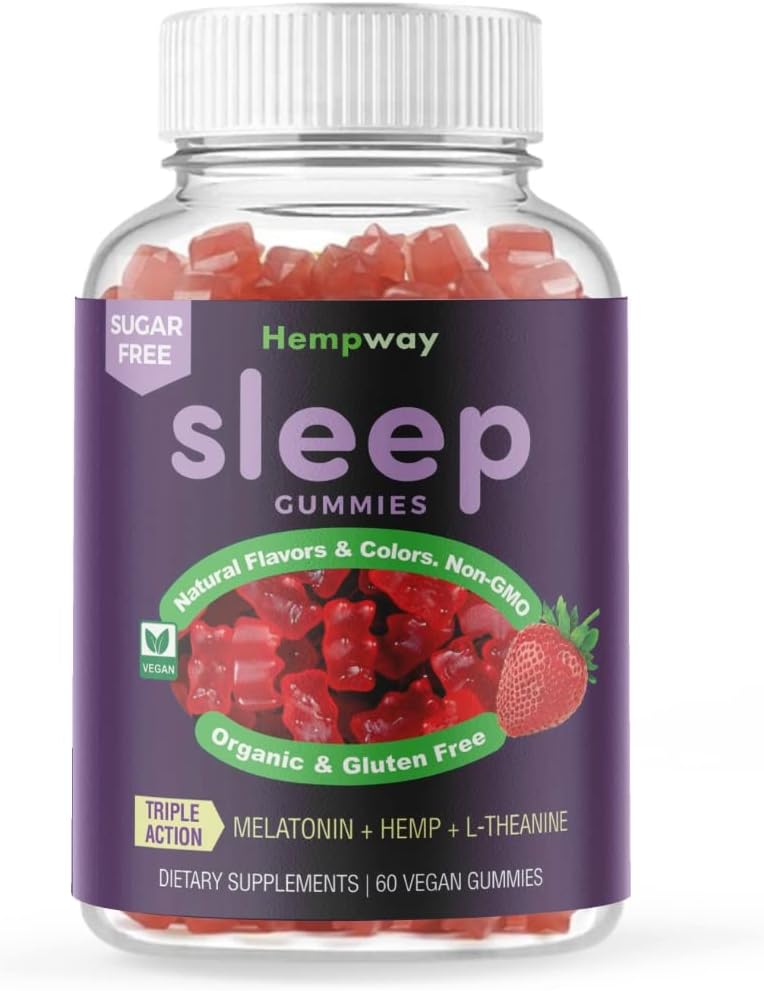 Gommies de chanvre pour le sommeil l supplément théanique Hemp melatonin Triple Action - Gummies calmes pour les adultes et les enfants de mélatonine - Sans sucre fraise Vegan 60 ct