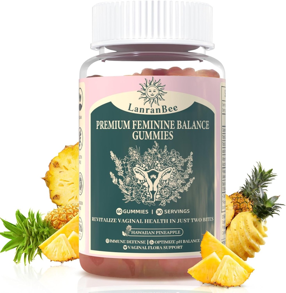 Premium Equilibre Féminine Gommies Probiotique vaginal - pour les femmes pH Équilibré Santé et Bien-être - Soutien immunitaire - Vegan, sans gluten et halal - Ananas hawaïens - 60 Gummies - 30 portions (1)
