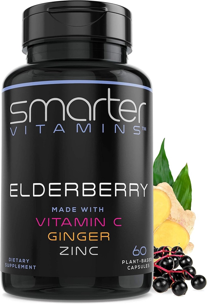 Smarter Elderberry Capsules + Vitamin C + Ginger & Zinc, Herbal Supplement, Powerful Black Elder Berry Extract Antioxidant Vitamin, 60 Vegan Pills