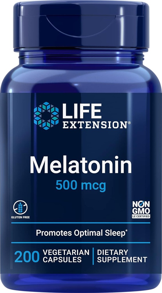 Prolongation de vie Melatonine, 500 mcg – favorise doucement le sommeil, la faible dose, la taille de la valeur – non-OGM, sans gluten, végétarien – 200 capsules