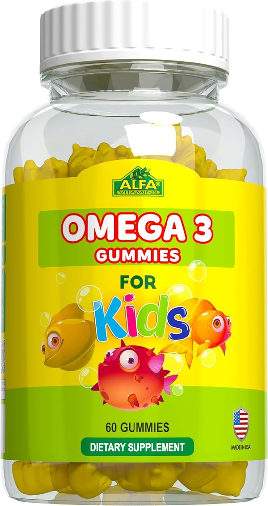 ALFA VITAMINS Omega 3 Gummies enfants, soutient le développement du cerveau, la santé cardiaque et la vision, facile à mâcher, supplément Omega 3 pour les enfants, orange aromatisé, sans goût de poisson, 3 Gummies par jour, 60 Gummies