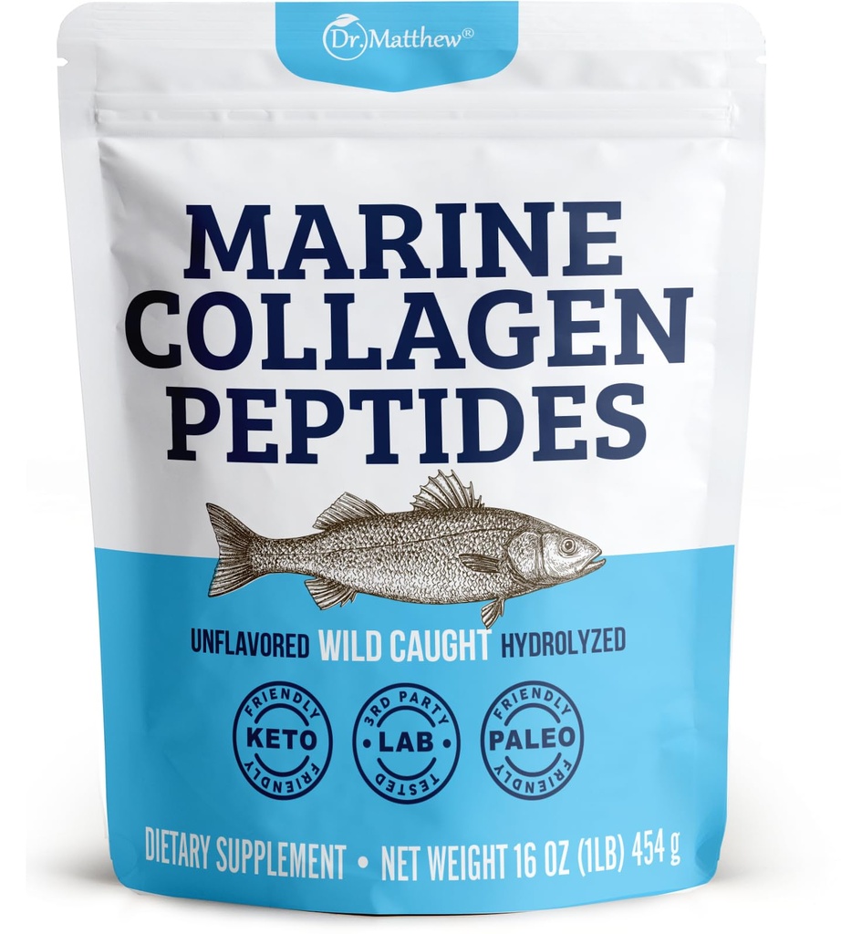 Dr Matthew Marine Collagen Peptides Poudre de Protéine de poisson capturée sauvage hydrolysée - Suppléments de cheveux et de beauté pour les femmes et les hommes