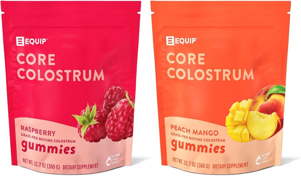 Equip Foods Core Colostrum Gummies - Delicious and Convenient - 1g Ultra-Premium Grass Fed Colostrum Per Serving - Gut Health, Immunity, Hair and Skin (Pack of 1, Peach Mango & Raspberry)