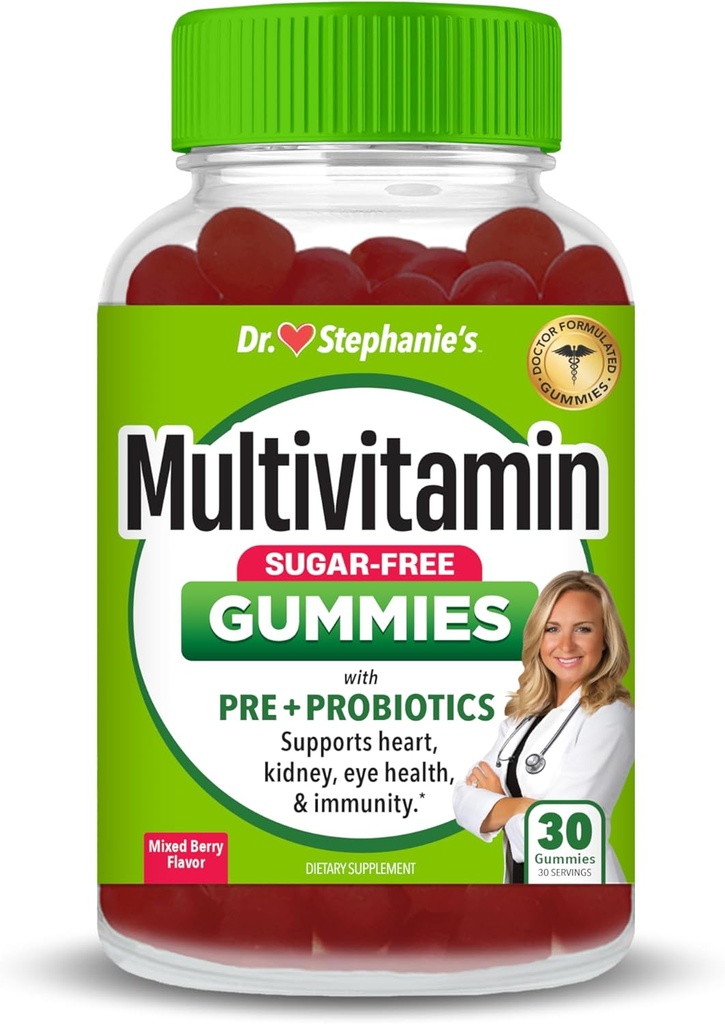 Gommies multivitamines de la Dre Stephanie - sans sucre avec prébiotiques et probiotiques - soutien quotidien pour les yeux, les reins, le foie, le coeur et la santé digestive - mélange d'arôme de baie