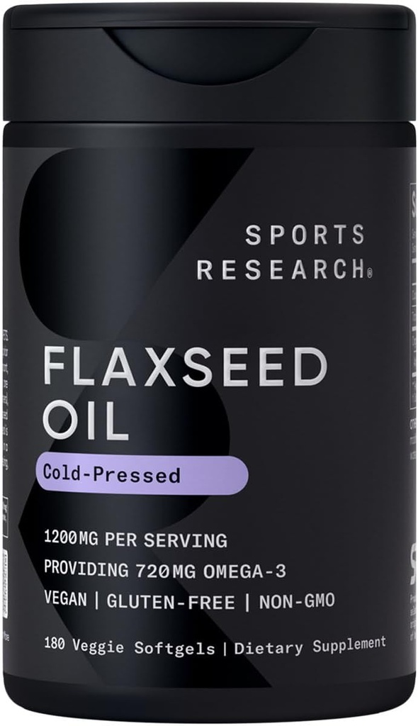 Sports Research Vegan Flaxseed Oil (1200mg) Herbal Supplement with Plant-Based ALA Omega 3 - Vegan Certified & Non-GMO Verified - Gluten, Soy & Carrageenan Free (180 Veggie Softgels)