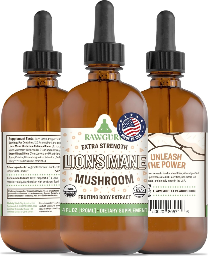 Teinture de champignons de la Mane de Lion RawGuru - Extrait de la Mane de Lion végétalien avec des minéraux traces - Supplément immunologique et cognitif nanoprocessé - 120 portions de gouttes végétaliennes par 120 ml, paquet de 1