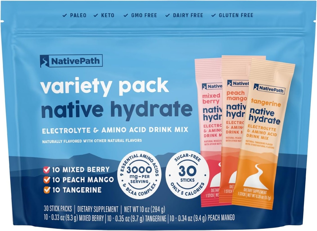 Packs de bâtons hydratants natifs NativePath avec électrolytes et acides aminés, lot de variétés, baies mixtes, mangue de pêche, Tangerine, 30 portions