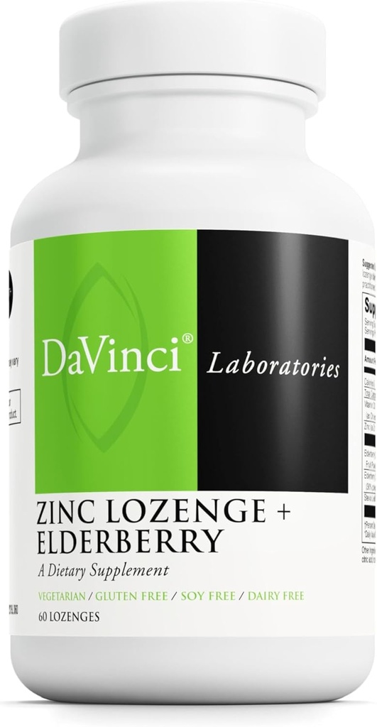 DAVINCI Labs Zinc Lozenge + Elderberry - Supplément pour soutenir le système immunitaire, les poumons sains et les tissus de gorge* - avec la vitamine D3, Zinc, Elderberry et plus - Lemon Flavor - 60 Lozenges