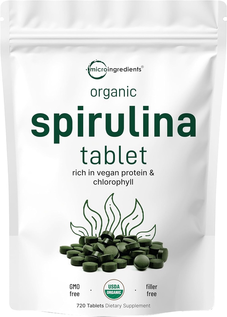Micro-ingrédients supplément de Spiruline biologique, 3000MG par portion, 720 comprimés (4 mois d'approvisionnement), pas de remplissage et non-OGM, riche en protéines végétales, vitamines et prébiotiques, pilules de Spiruline Premium