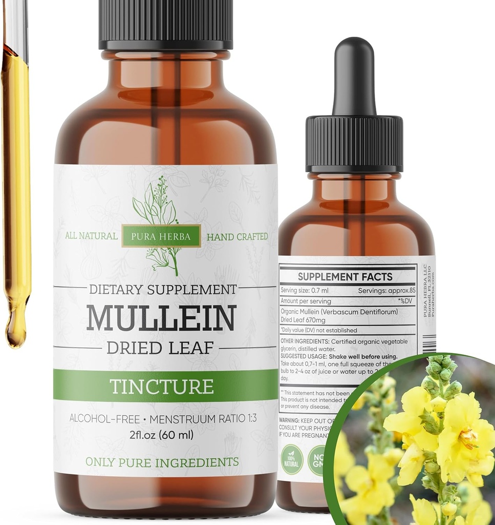 Teinture de Mullein – gouttes de Mullein biologique pour le soutien pulmonaire et le bien-être respiratoire – Fabriqué aux États-Unis – 2 Fl Oz