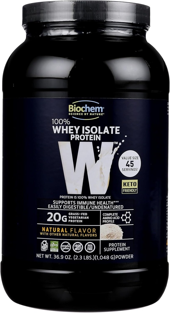 Biochem 100% Whey Isolate Protein - Saveur naturelle - 20g de protéines - Avant et après l'entraînement - Remplacement des repas - Amies des céto - Facilement digestible - Silky Doux Taste - Facile à mélanger (36,9 oz)