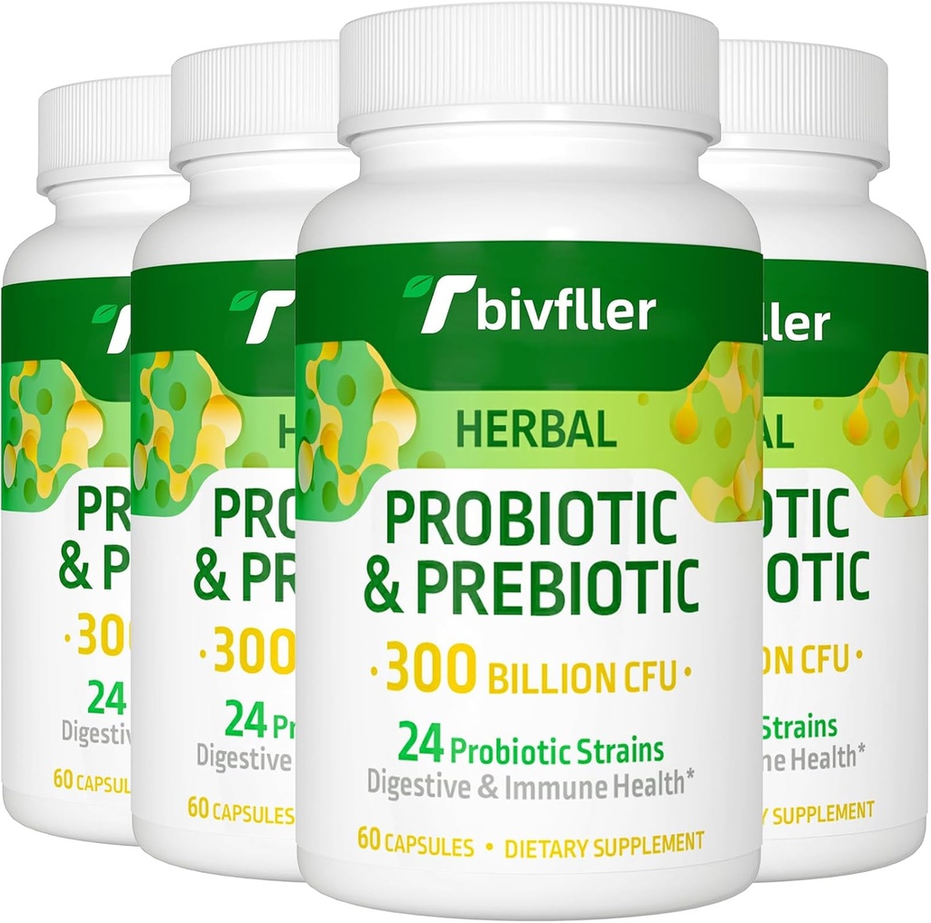 Probiotiques pour les femmes Hommes- 300 milliards CFU, 24 souches Probiotique+15 Herbes biologiques Prébiotiques Mélange, pré et probiotiques, pour la santé digestive, Immune et Gut, Diarrhée, Bloating, Vegan, 8 mois d'approvisionnement