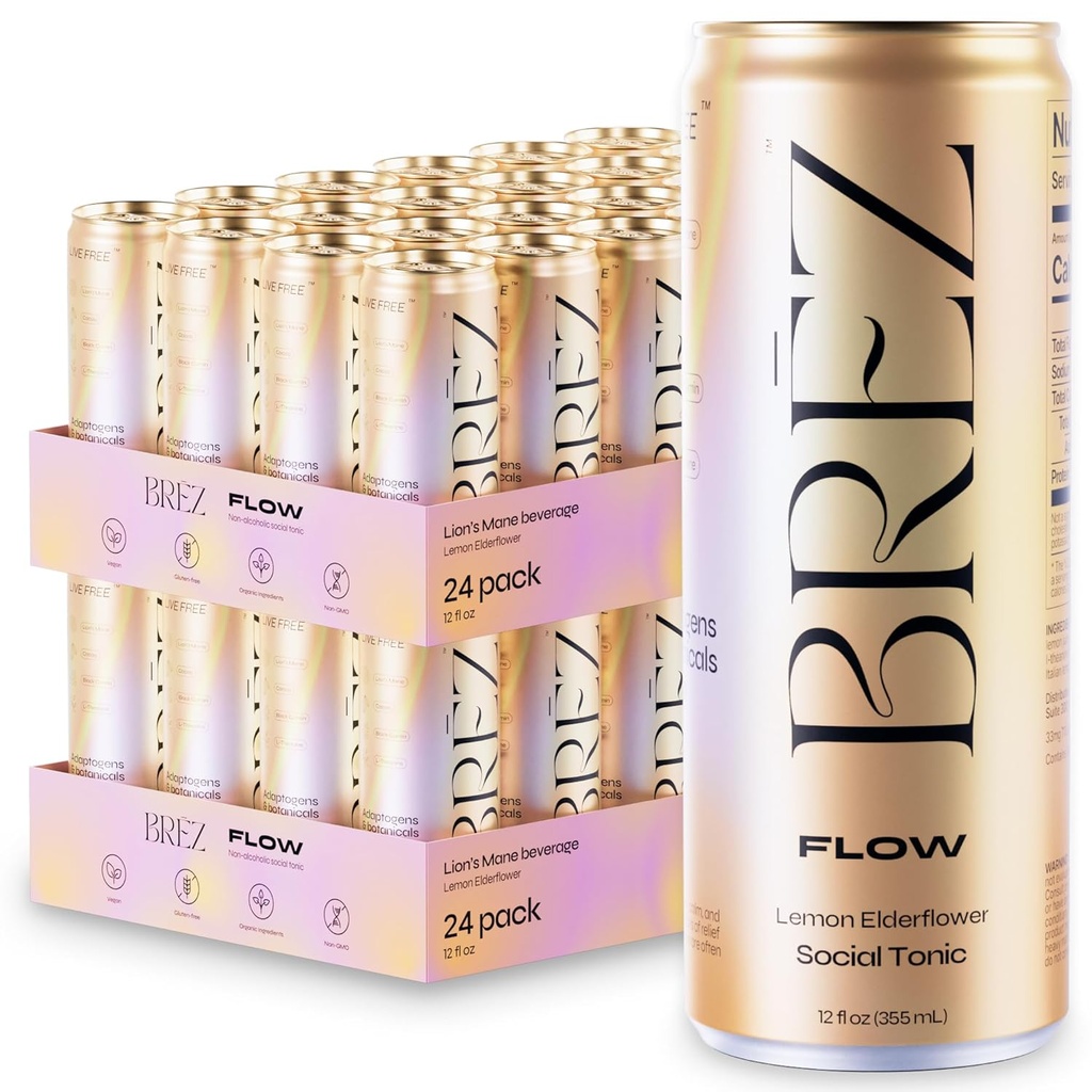 BREZ FLOW Lion, 48-Pack, Non-Infusé, Adaptogènes, Soulagement, Élevant, et social, Lemon Sparkling Elderflower Tonic 12 Fl oz