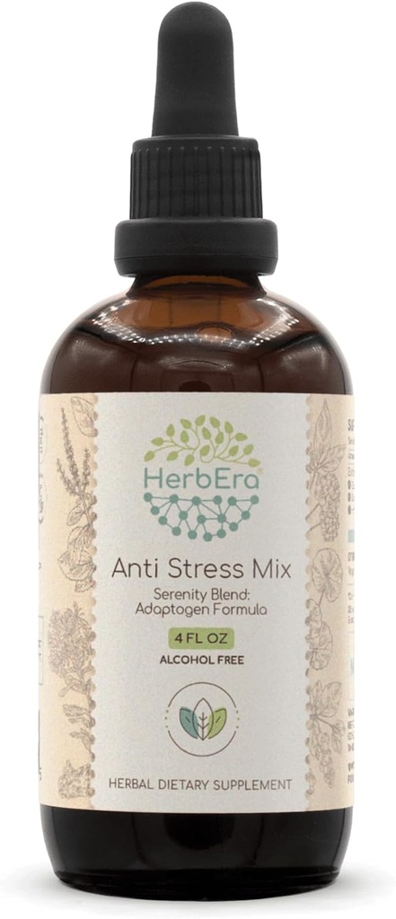 Mélange anti-stress B120 Teinture d'extrait sans alcool, racine Eleuthero, racine Rhodiola, Schisandra Berry, Gotu Kola Herb, Holy Basil Herb. Mélange de sérénité: Adaptogène Formule 4 Fl Oz