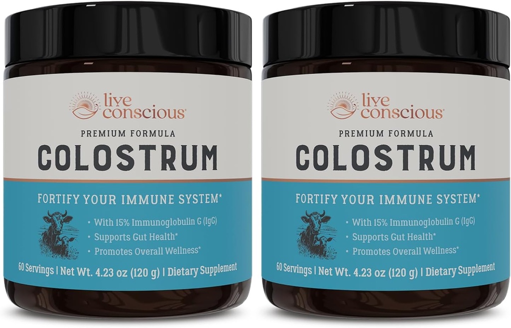 Poudre de colostrum vivante et consciente - Supplément de colostrum bovin herbeux avec la lactoferrine pour absorption de fer - Supplément système immunitaire (2-Pack)