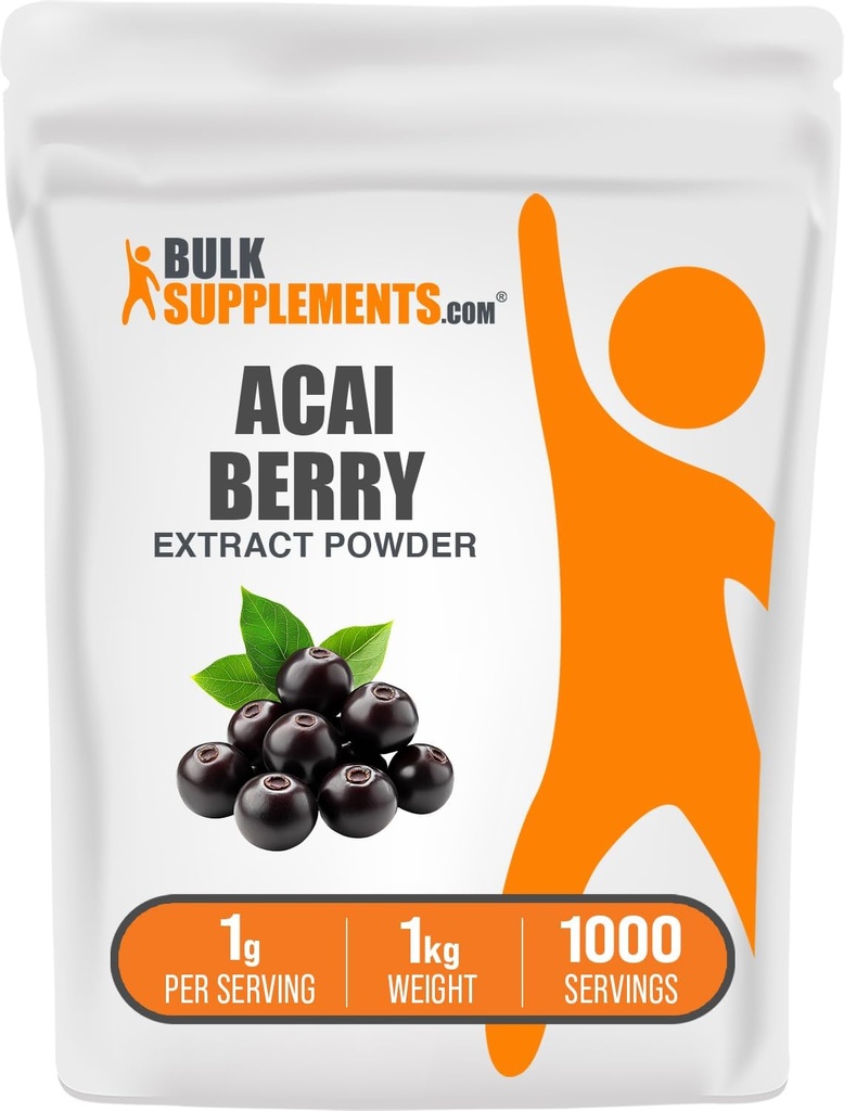 BulkSupplements.com Poudre d'extrait de baies d'açai - Supplément de baies d'açai, Supplément d'antioxydants - Sans gluten, 1g par portion, 1kg (paquet de 5) (11 lb)