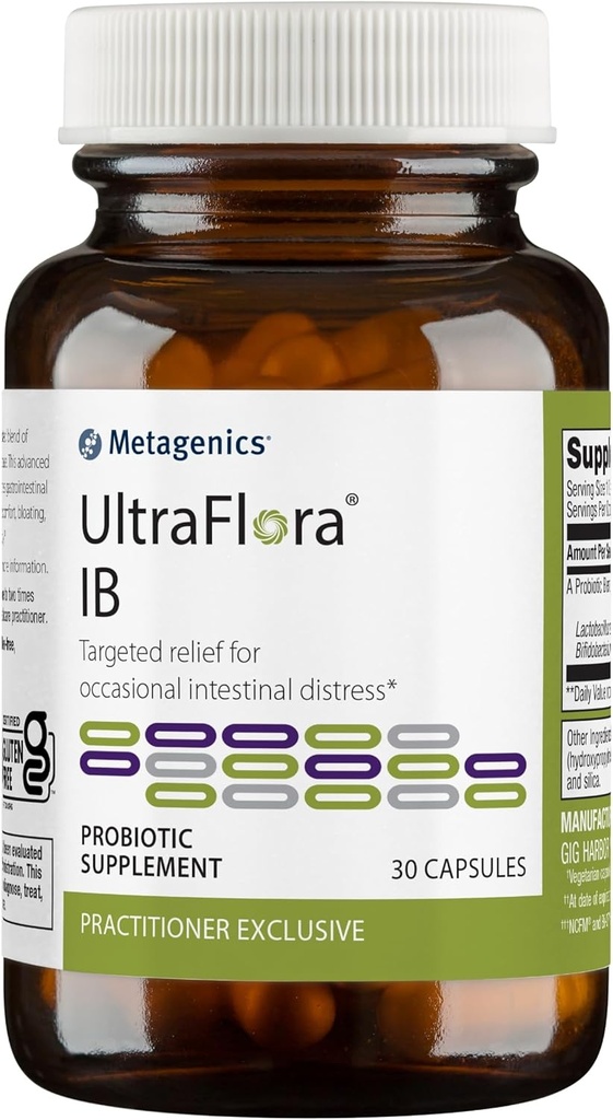 Métagène UltraFlora IB - Soulagement de la détresse intestinale occasionnelle* - Probiotiques pour la santé digestive* - Anti-Bloat pour les hommes et les femmes* - 60 milliards CFU - Non-OGM, sans gluten, végétarien - 30 capsules