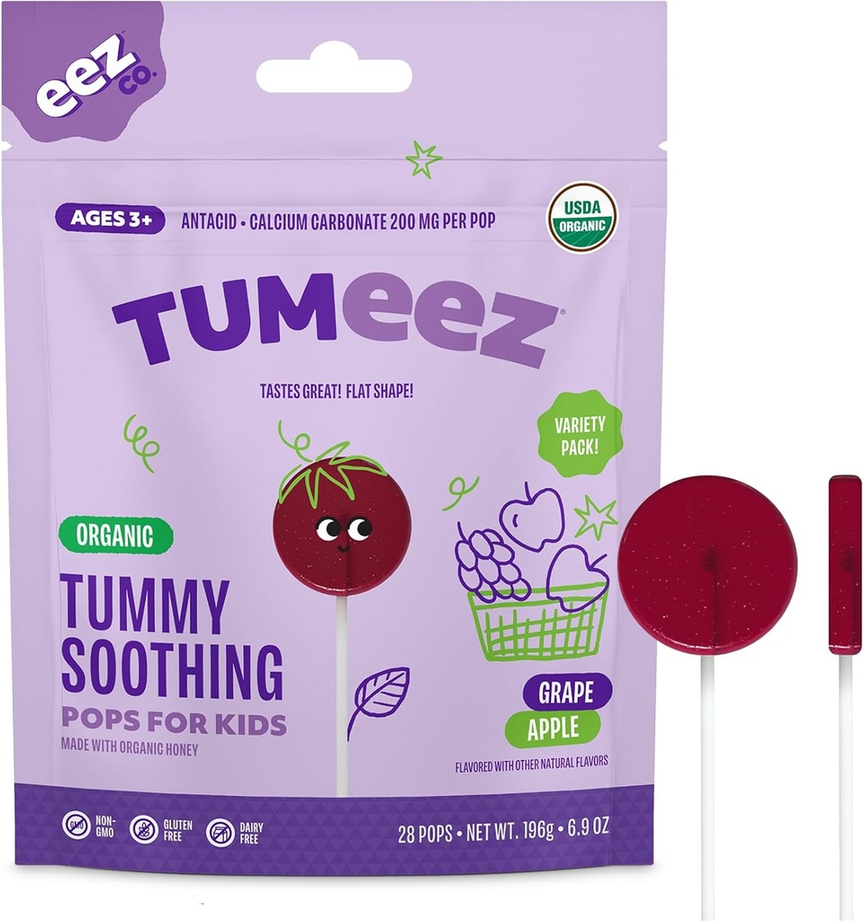 Tumeez Lollipops bio pour le soulagement de l'estomac, pack de variétés parfait pour l'indigestion, les brûlures d'estomac et plus tout en goûtant grand, le raisin et les saveurs de pommes, 28 comte