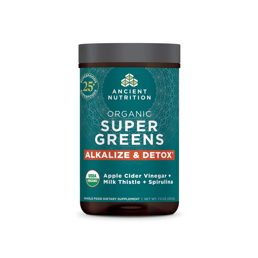 La nutrition ancienne Supergreens Alkalize & Detox Poudre, Bio Superfood Poudre à base de fruits, légumes et herbes, pour le soutien digestif et énergétique, 25 portions, 7,5oz
