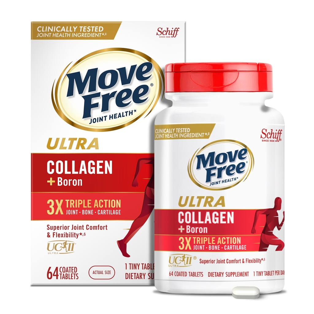 Move Free Ultra Triple Action Joint Support Supplement - Type II Collagen Boron & Hyaluronic Acid - Supports Joint Comfort, Cartiliage & Bones in 1 Tiny Pill Per Day, 64 Tablets (64 servings)*