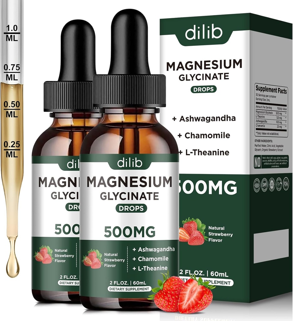 Supplément de gouttes liquides de glycinate de magnésium, avec le glycinate de magnésium 500mg Ashwagandha, L - Theanine, Camomille - Soutien anti-stress, os, Muscle, Mood Fraise Flavor 2Pack