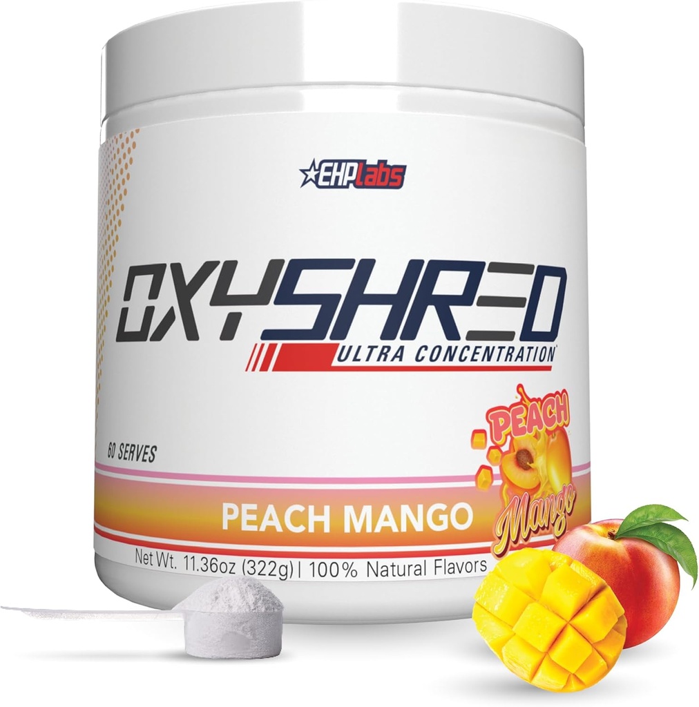EHP Labs OxyShred Pre Workout Powder - Preworkout Powder with L Glutamine & acétyl L Carnitine, Energy Boost Drink - Peach Mango, 60 portions