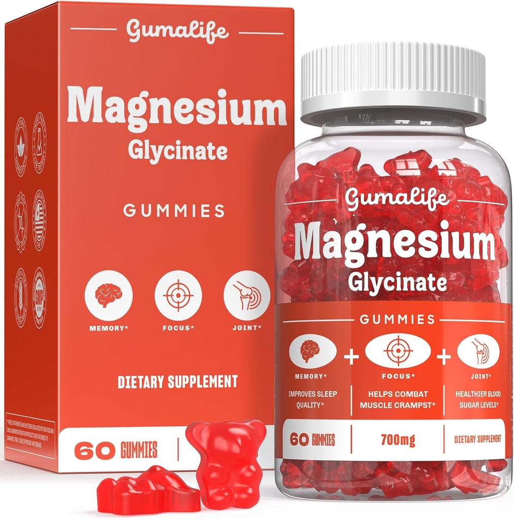 Les Gommies Glycinées Magnésium 700mg de Gumalife améliorent la relaxation, offrant un mélange sans sucre d'éléments nutritifs bénéfiques. Chaque boîte contient 60 comtes (60 comtes, Boysenberry)