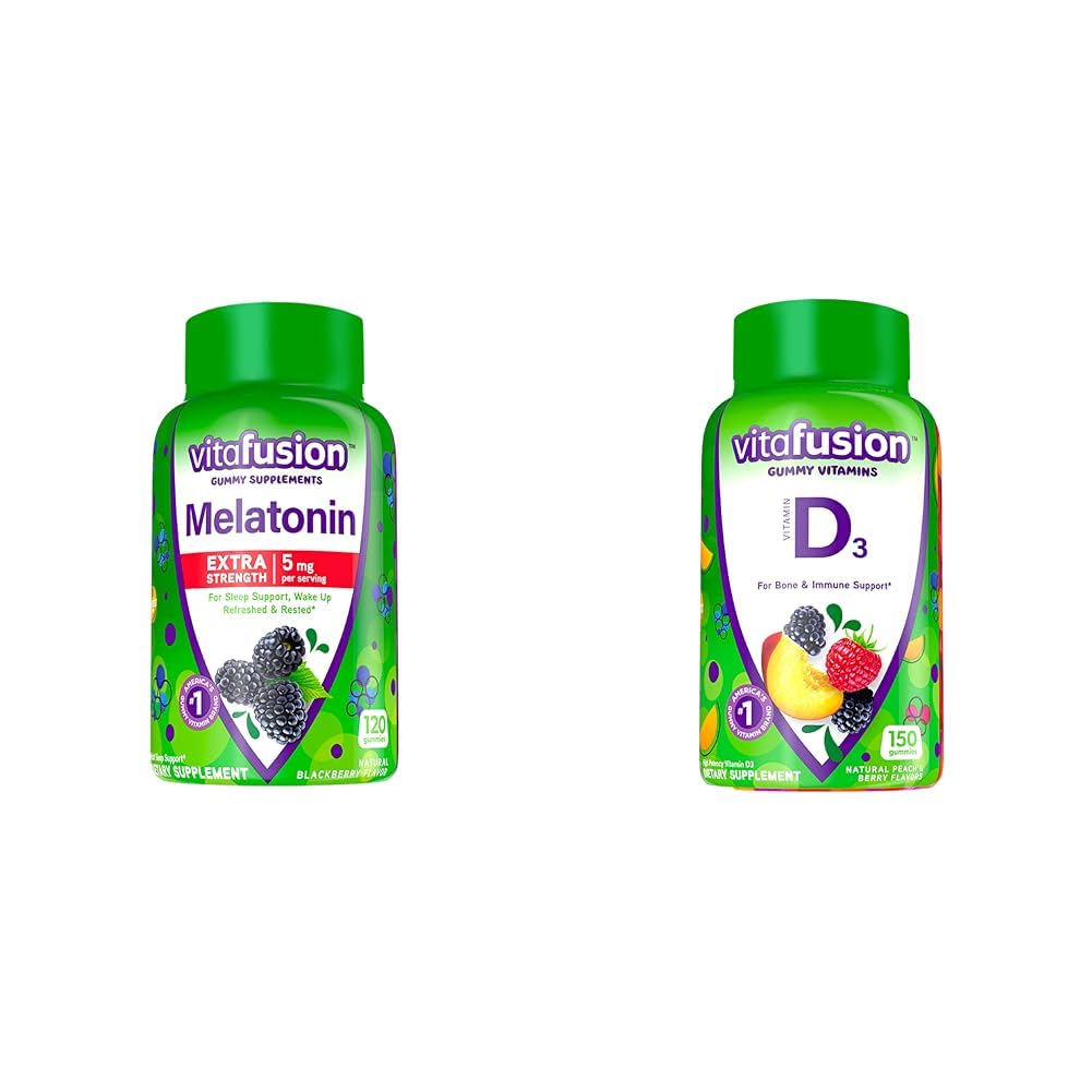 Vitafusion Extra Strength Mélatonine Vitamines Gummy, 5mg, 120 ct Gummies et Vitamine D3 Vitamines Gummy pour le soutien des os et du système immunitaire