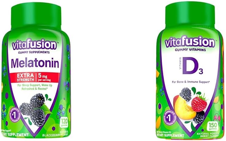 Vitafusion Extra Strength Mélatonine Vitamines Gummy, 5mg, 120 ct Gummies et Vitamine D3 Vitamines Gummy pour le soutien des os et du système immunitaire