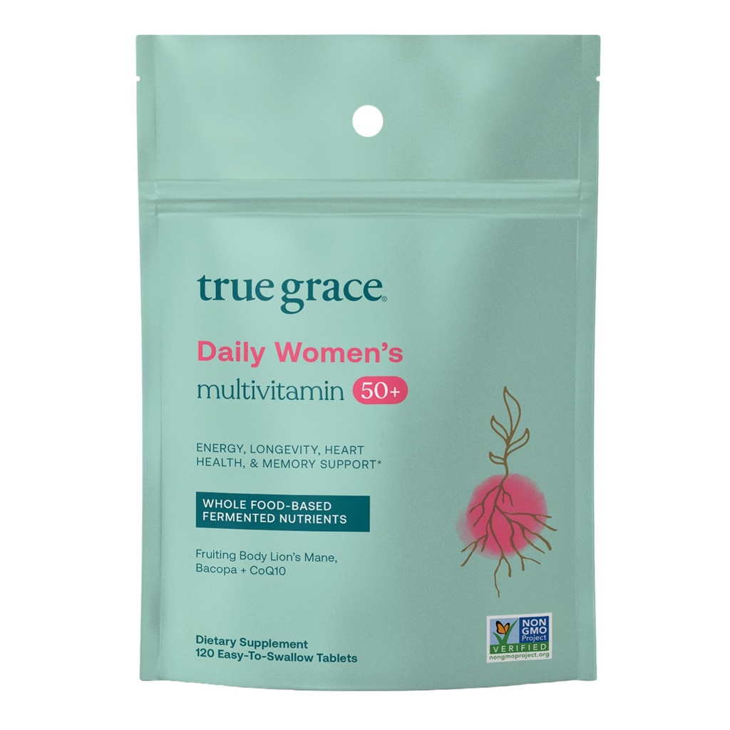 True Grace Daily Femmes Multivitamine 50+ - 120 Comprimés faciles à avaler - Immune, énergie, longévité et soutien mémoire - Vegan - sans gluten, soja et fer - 60 portions