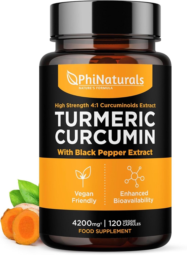 PhiNaturals Curcumine curcumine supplémentaire avec extrait de poivre noir - 4200 mg d'équivalent racine de Curcuma entier par 3 capsules servant - pilules tumériques