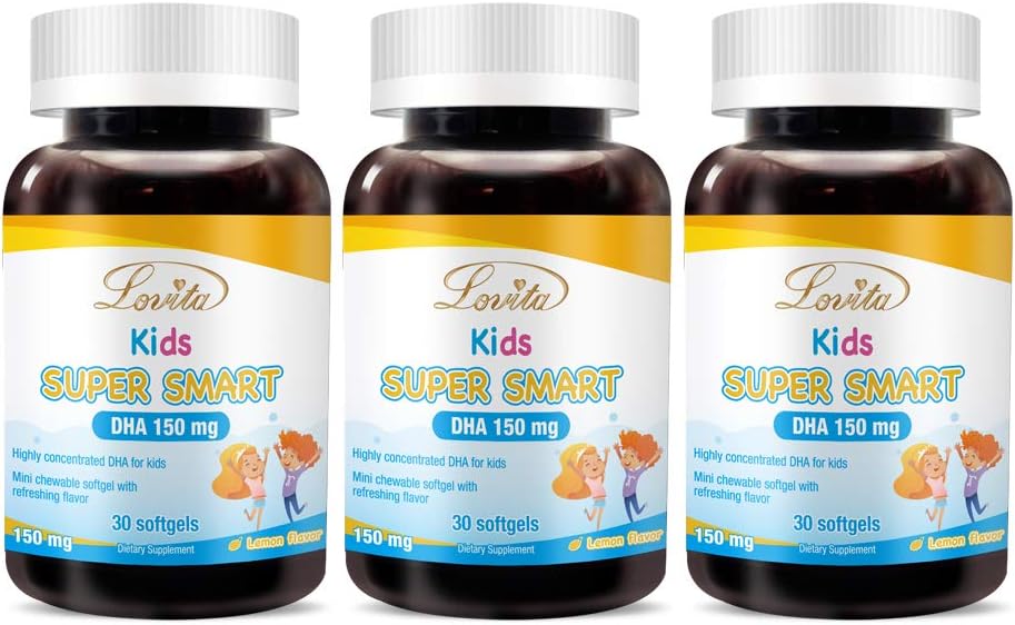 Lovita Kids Super Smart DHA, 150mg DHA et 30mg EPA d'acides gras oméga 3, soutient la santé du cerveau, l'arôme naturel de citron, 30 softgels à croquer (paquet de 3)