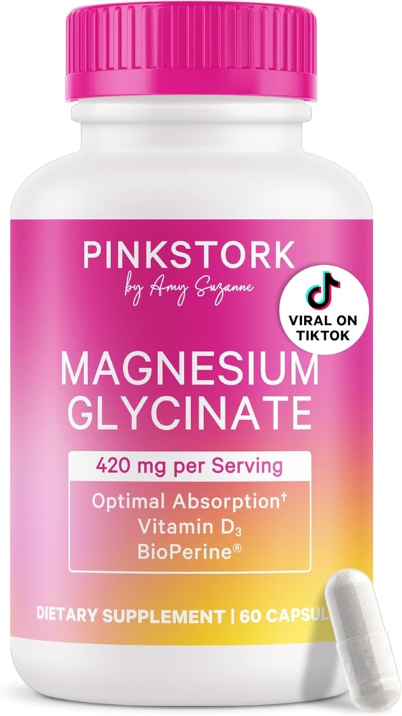 Pink Stork Magnésium Glycinate avec vitamine D - Supplément de magnésium pour les femmes pour soutenir le calme naturel, l'humeur et le sommeil - Hormone Balance pour les femmes - 60 capsules, 1 mois d'approvisionnement