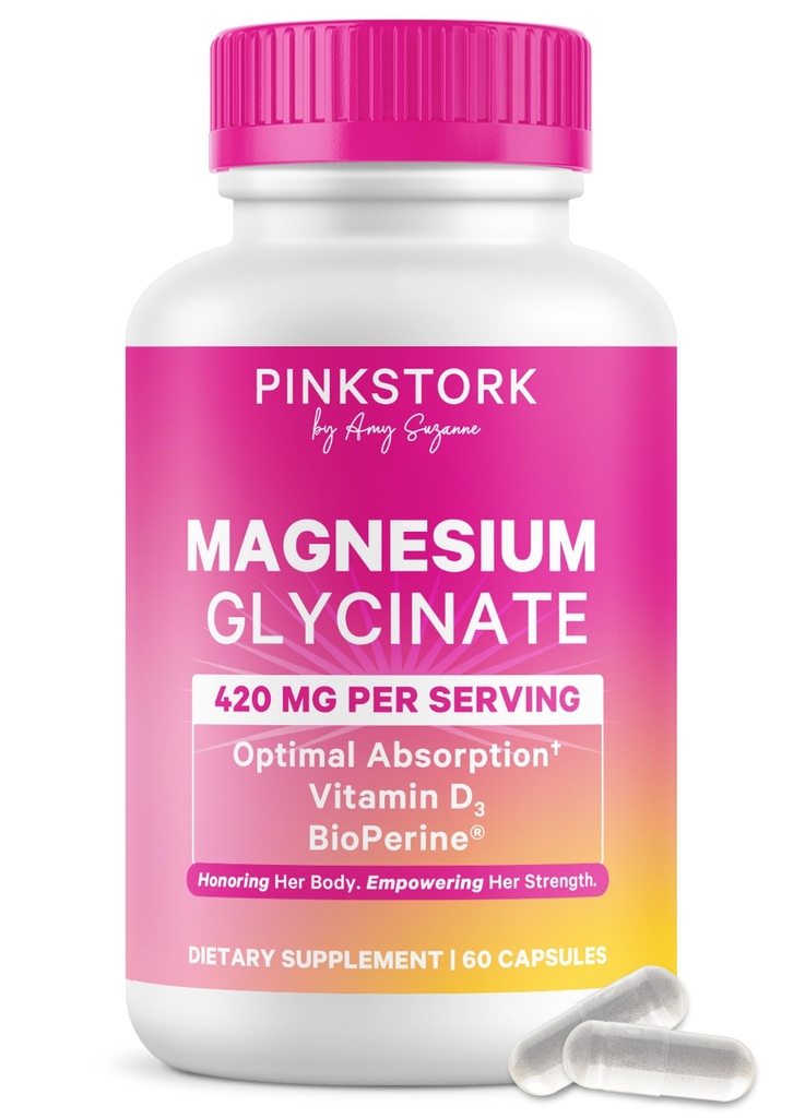 Pink Stork Magnésium Glycinate avec vitamine D - Supplément de magnésium pour les femmes pour soutenir le calme naturel, l'humeur et le sommeil - Hormone Balance pour les femmes - 60 capsules, 1 mois d'approvisionnement