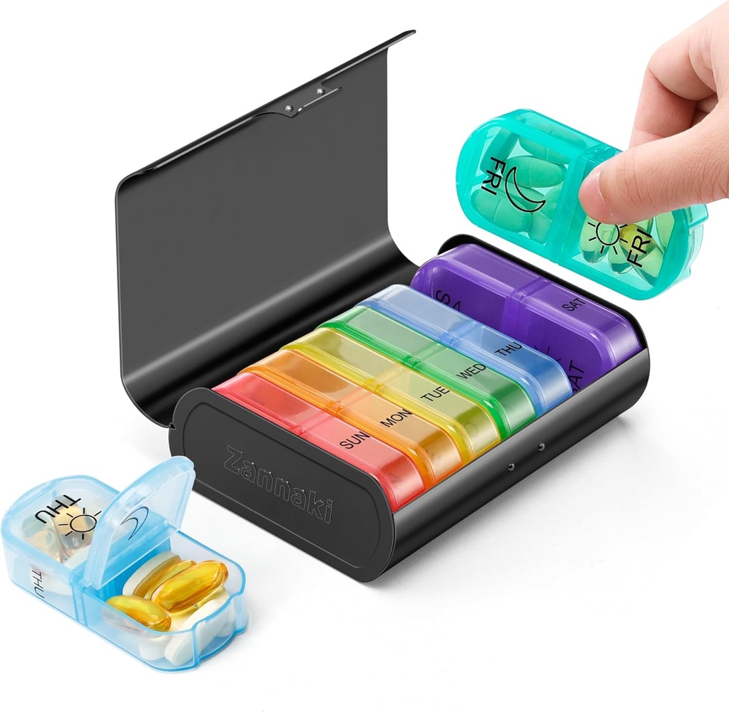 Zannaki Metal XL Hebdomadaire Pill Organizer 2 fois par jour, grand voyage quotidien Pill Box 7 jour, portable semaine porte-pilule deux fois conteneur, AM PM Pill Case pour médecine supplément de vitamines, noir