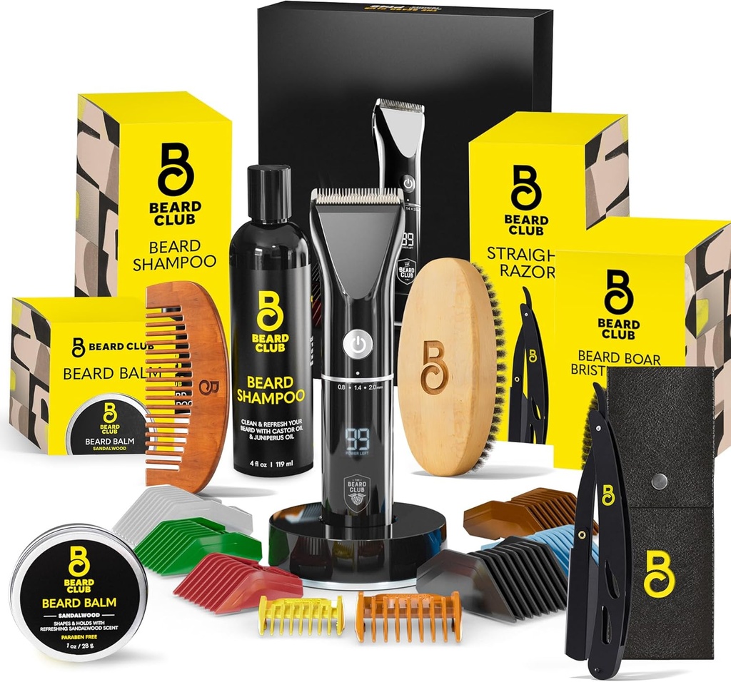Le kit de grooming pour hommes du club de barbe avec des cheveux électriques rechargeables professionnels sans fil et moustache/brouillard, rasoir droit, shampooing, baume, brosse et peigne