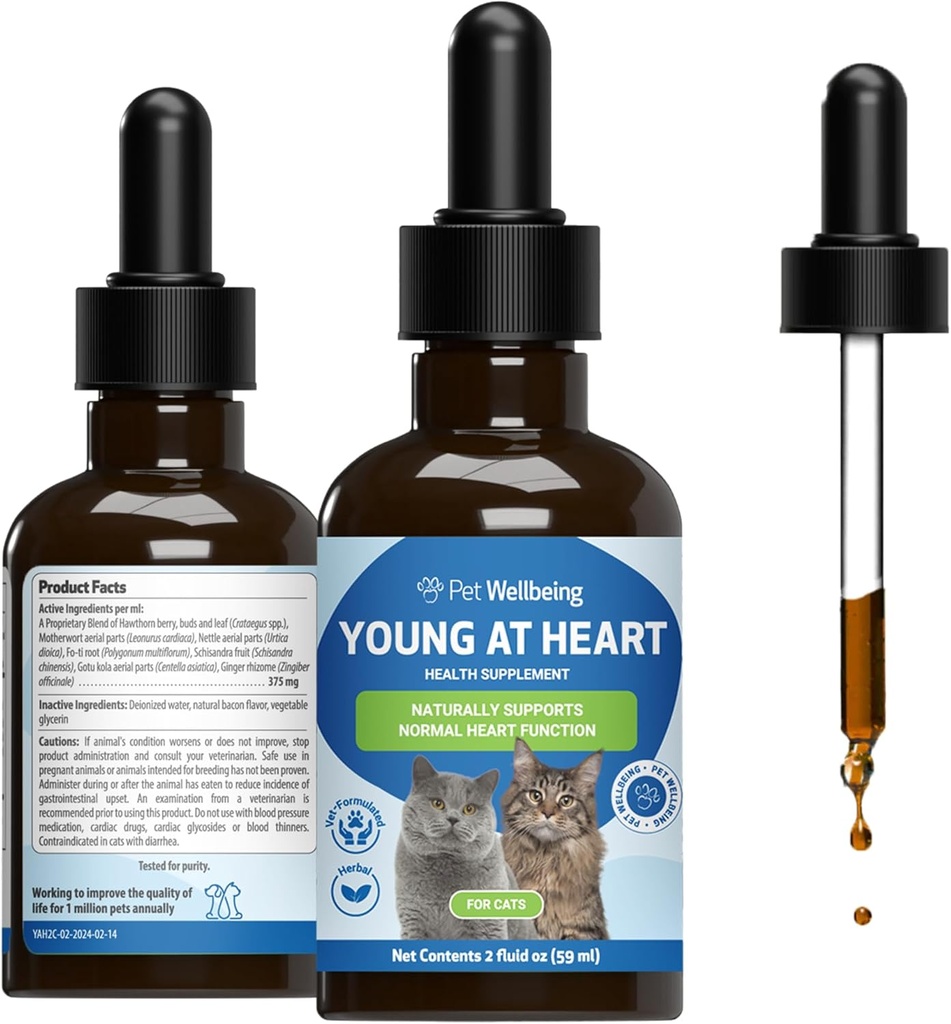 Bien-être de l'animal Jeune au coeur pour les chats - Formulé en vétustes - Santé cardiaque, système circulatoire et cardiovasculaire, Hawthorn, Motherwort, Schisandra - Supplément à base de plantes 2 oz (59 ml)