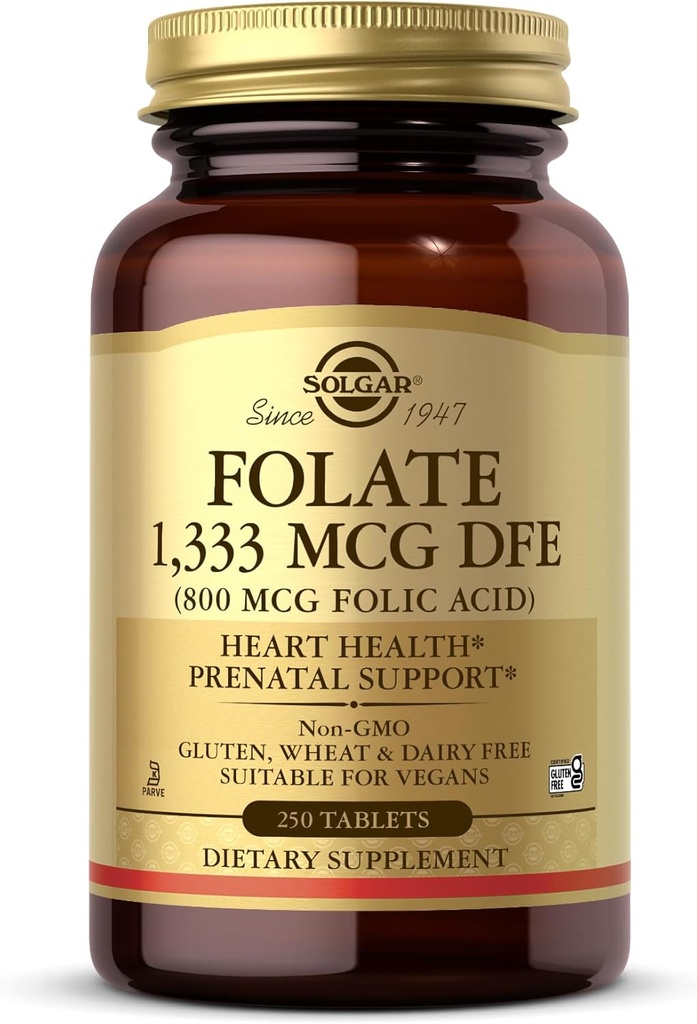Solgar Folate 1,333 mcg DFE (acide folique 800 mcg) - 250 comprimés - Soutien prénatal - Non-OGM, végétalien, sans gluten, sans lait, sans casher - 250 portions