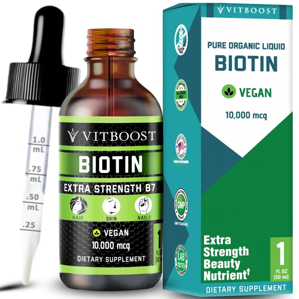Extra Strength 10,000mcg Biotine gouttes liquides avec des arômes de baie biologique. 60 portions La formule végétalienne soutient la croissance des cheveux, des ongles forts, une peau saine.