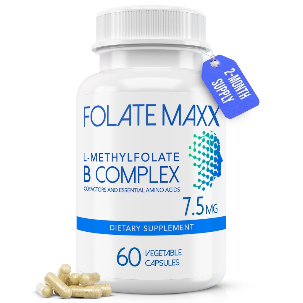 L-méthylfolate + B12 méthylcobalamine et mélange B6 (7,5mg) - 60 capsules - complexe B actif avec cofacteurs et acides aminés essentiels - non OGM, sans gluten, sans remplissage